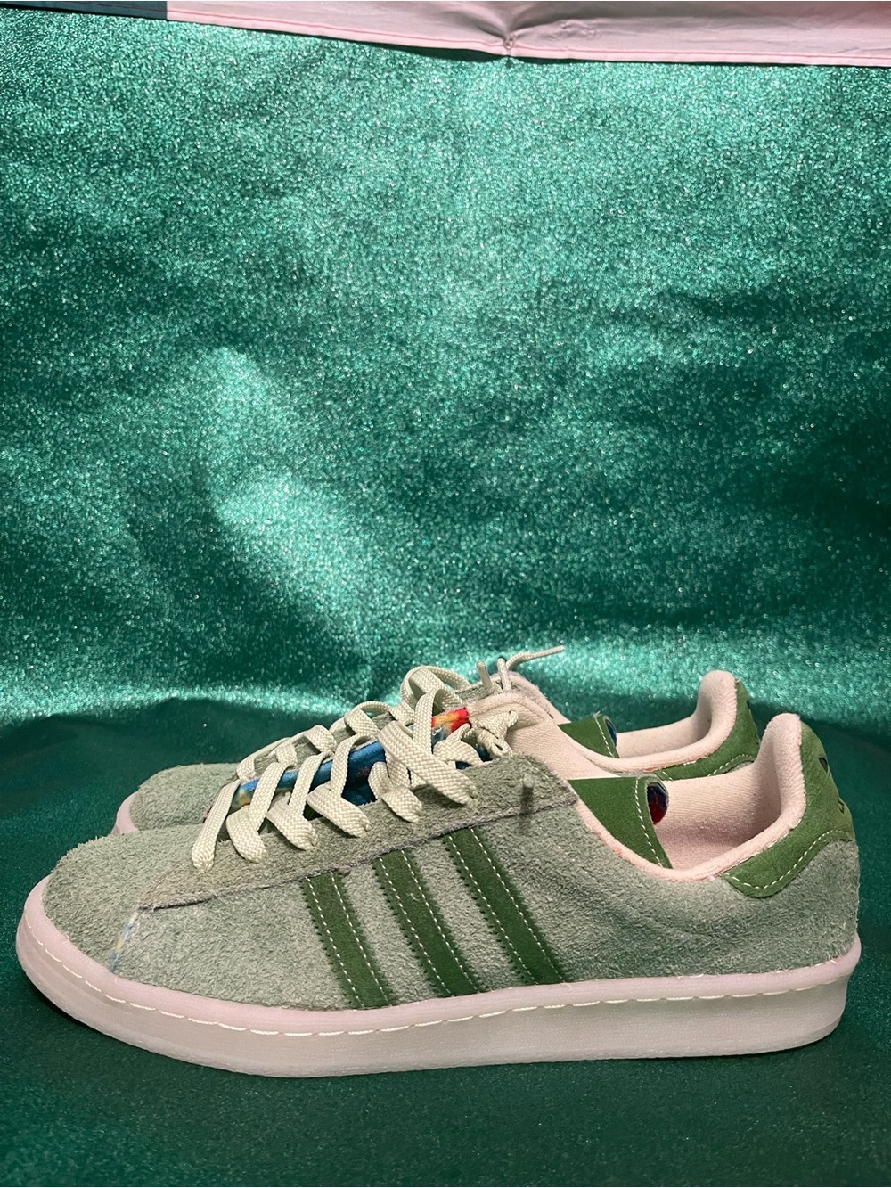 adidas Suede Low-Top Sneakers in Sage Green and Pink Trim